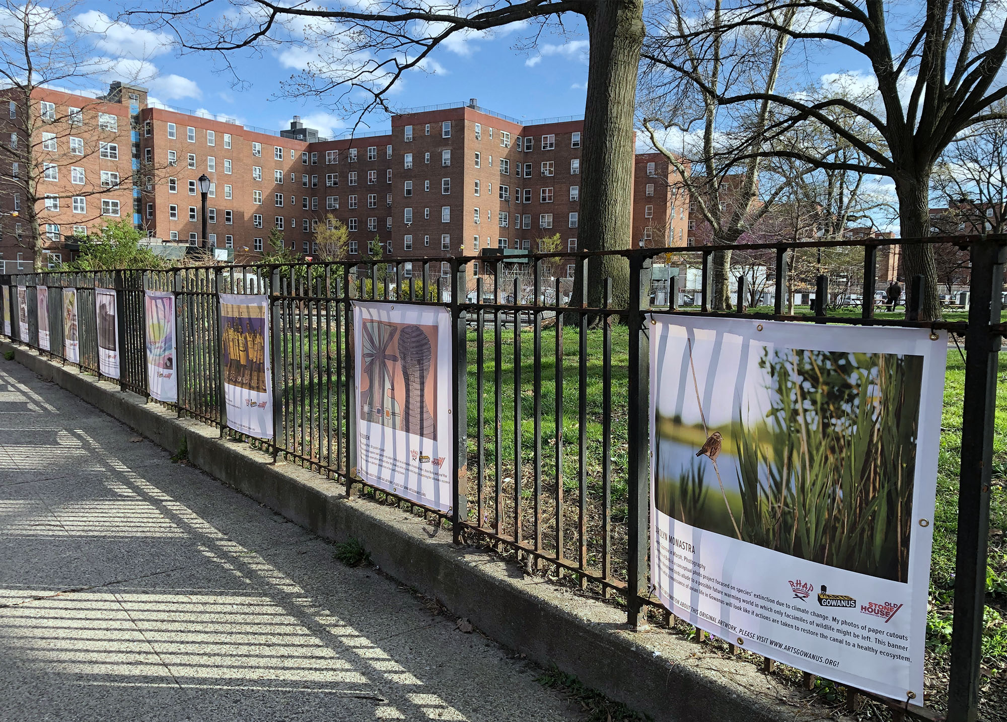 The artist’s image of a “Swamp Sparrow hanging alongside other artists’ banners which were displayed in Coffey Park, Brooklyn. These banners were also a part of the exhibit Brooklyn Utopias, Along the Canal, Spring 2022.